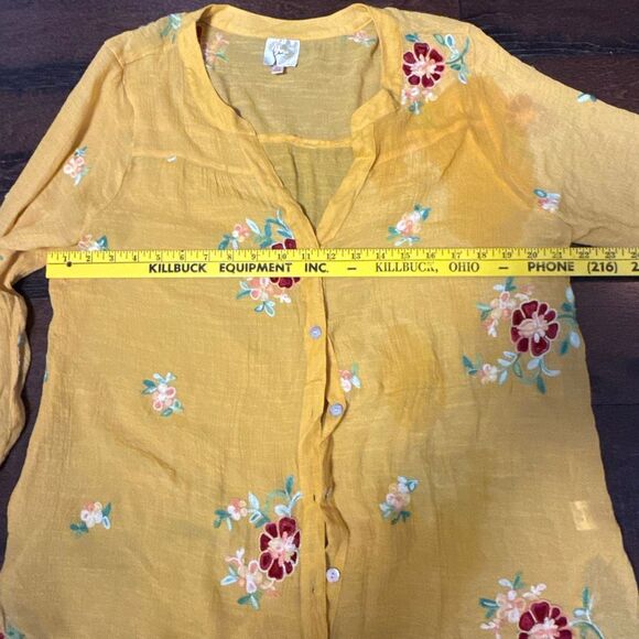 Fig and flower Anthropologie button up gauzy shirt size 2XL yellow embroidered f - Picture 10 of 11